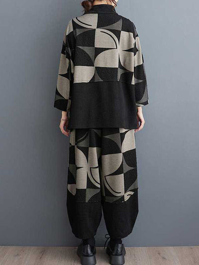 Long Sleeves Asymmetric Buttoned Printed Stand Collar Sweatshirt Top + Harem Pants Pants Bottom Two Pieces Set