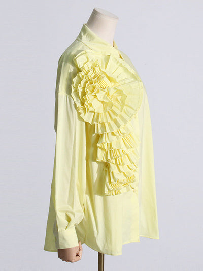 Long Sleeves Loose Asymmetric Buttoned Pleated Solid Color Split-Joint Three-Dimensional Flower Lapel Blouses&Shirts Tops