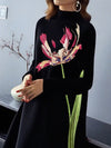A-Line Long Sleeves Flower Print Pockets Mock Neck Midi Dresses