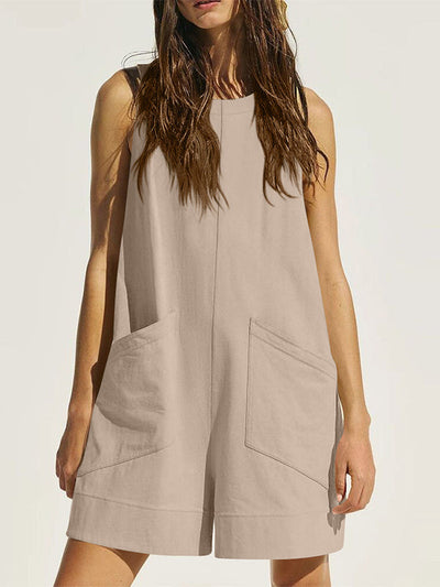 Loose Sleeveless Pockets Solid Color Round-Neck Rompers