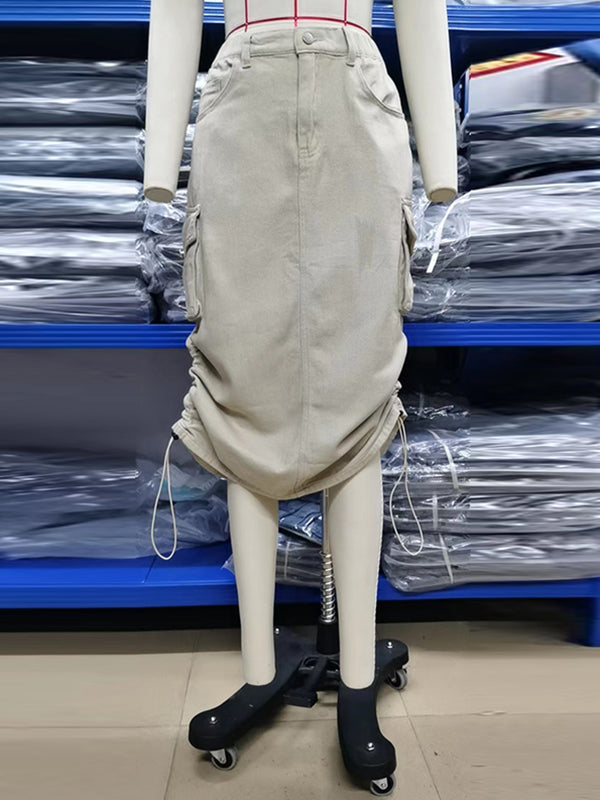 A-Line Buttoned Drawstring Pockets Solid Color Split-Side Skirts Bottoms