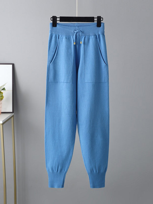 Casual Solid Long Sleeves High-Neck Sweater Tops & Drawstring Wide Leg Pants Suits