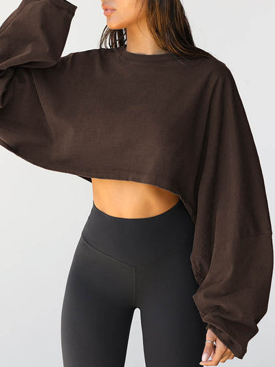 Long Sleeves Loose Solid Color Split-Joint Round-Neck Sweatshirt Tops