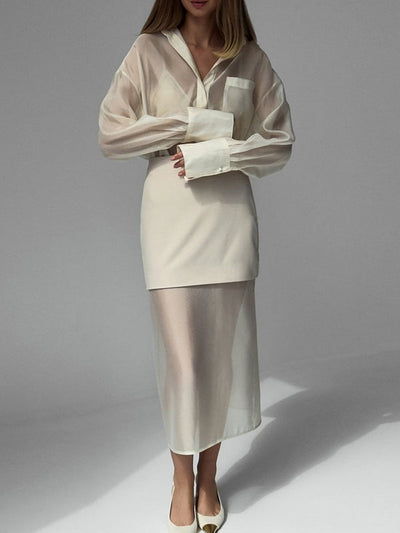Loose Solid Color See-Through Long Sleeves Lapel Blouse + Skirt Two Pieces Set