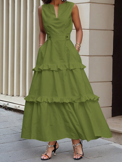 A-Line High Waisted Buttoned Pleated Pockets Solid Color Split-Joint V-Neck Maxi Dresses