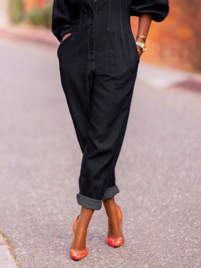 Puff Sleeves Split-Joint Round-Neck Jumpsuits