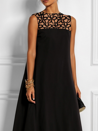 Loose Sleeveless Hollow Solid Color Split-Joint Round-Neck Maxi Dresses