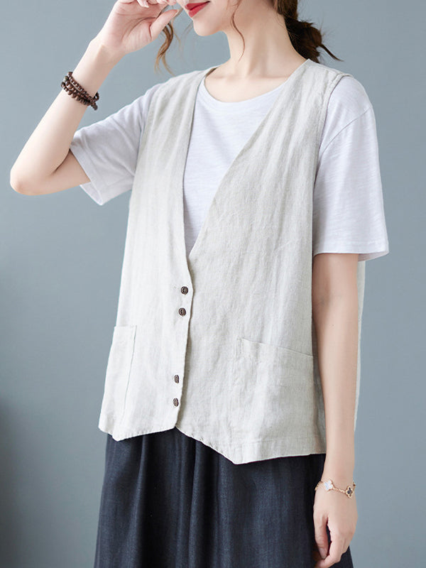 Simple Loose V-Neck Solid Color Vest