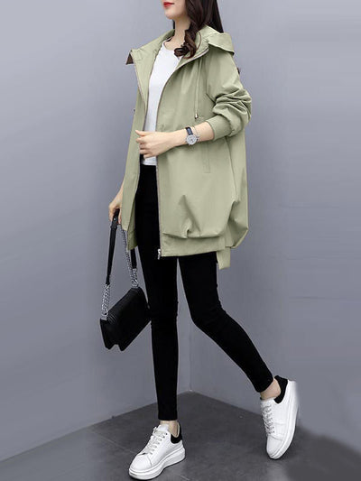 Casual Loose 4 Colors Pleated Zipper Hooded Long Sleeves Outwear