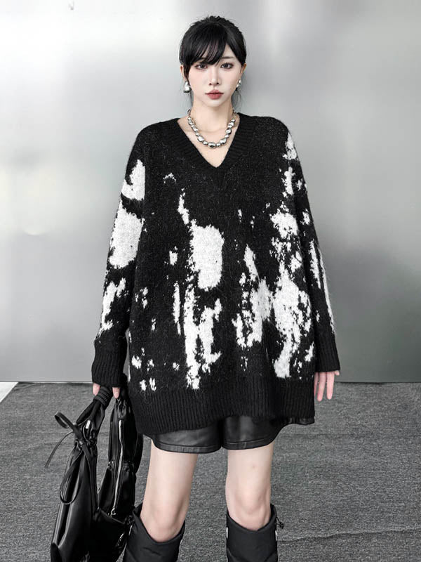 Long Sleeves Loose Abstract Printed Contrast Color Ribs Split-Joint V-Neck Sweater Tops