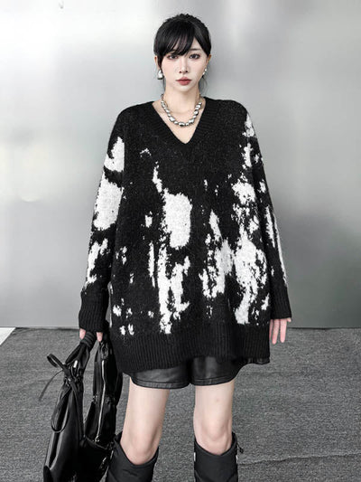 Long Sleeves Loose Abstract Printed Contrast Color Ribs Split-Joint V-Neck Sweater Tops