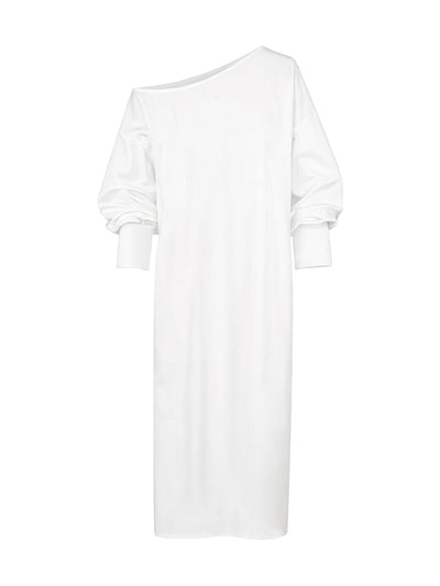 Long Sleeves Loose Solid Color Split-Side One-Shoulder Midi Dresses