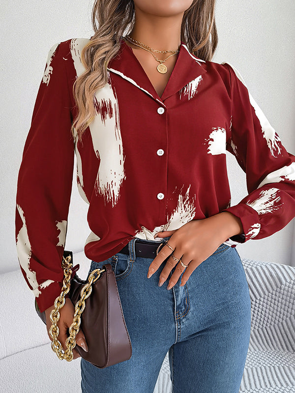 Long Sleeves Loose Buttoned Printed Notched Collar Blouses&Shirts Tops