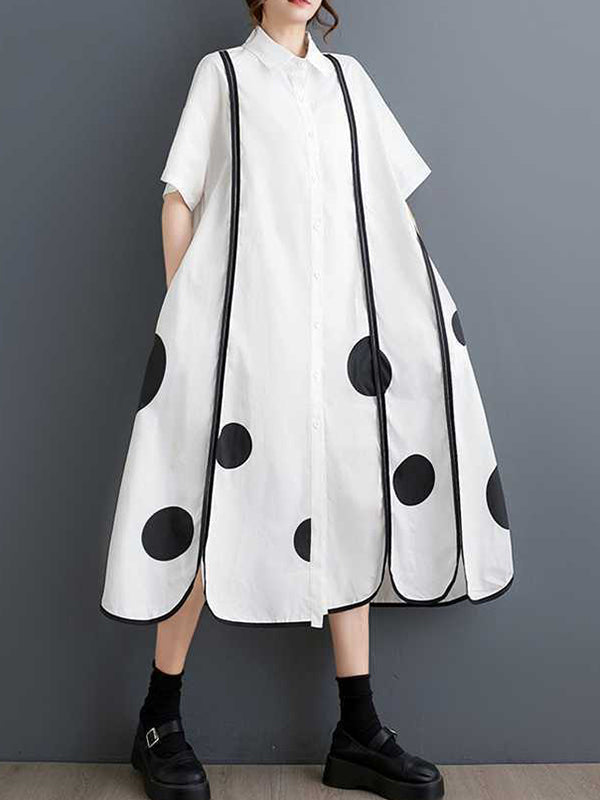 A-Line Half Sleeves Buttoned Pockets Polka-Dot Split-Front Split-Joint Lapel Midi Dresses Shirt Dress