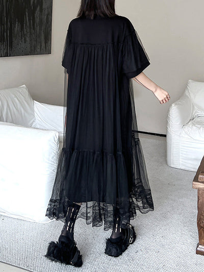 Fake Two-Piece Loose Gauze Pleated Solid Color Split-Joint Tiered Round-Neck Midi Dresses