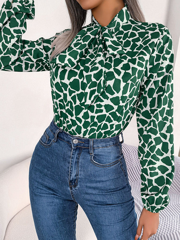 Bishop Sleeve Long Sleeves Bow-Embellished Elasticity Tied Mock Neck Blouses&Shirts Tops