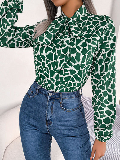 Bishop Sleeve Long Sleeves Bow-Embellished Elasticity Tied Mock Neck Blouses&Shirts Tops