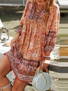 A-Line Loose Contrast Color Flower Print Pleated V-Neck Mini Dresses