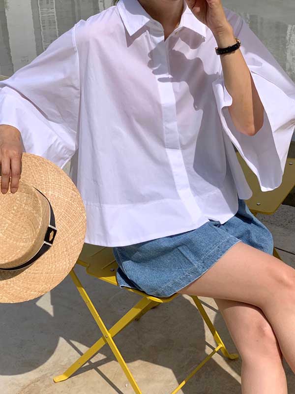 A-Line Flared Sleeves Buttoned Pleated Solid Color Lapel Blouses&Shirts Tops