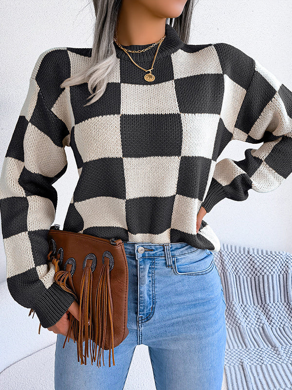 Long Sleeves Loose Contrast Color Plaid Round-Neck Sweater Tops
