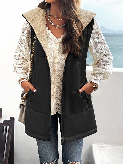 Loose Sleeveless Pockets Quilted Reversible Zipper Hooded Padded Vest Vest Outerwear