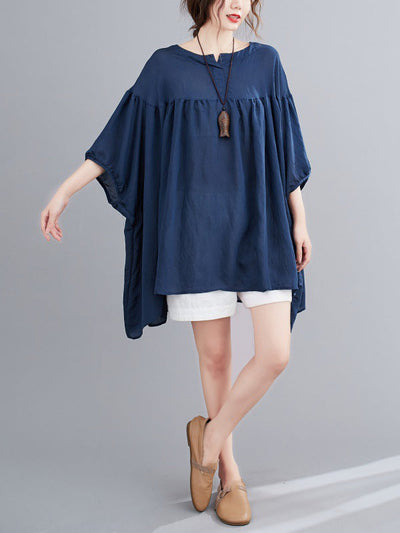 Half Sleeves Loose Pleated See-Through Solid Color Round-Neck Blouses&Shirts Tops