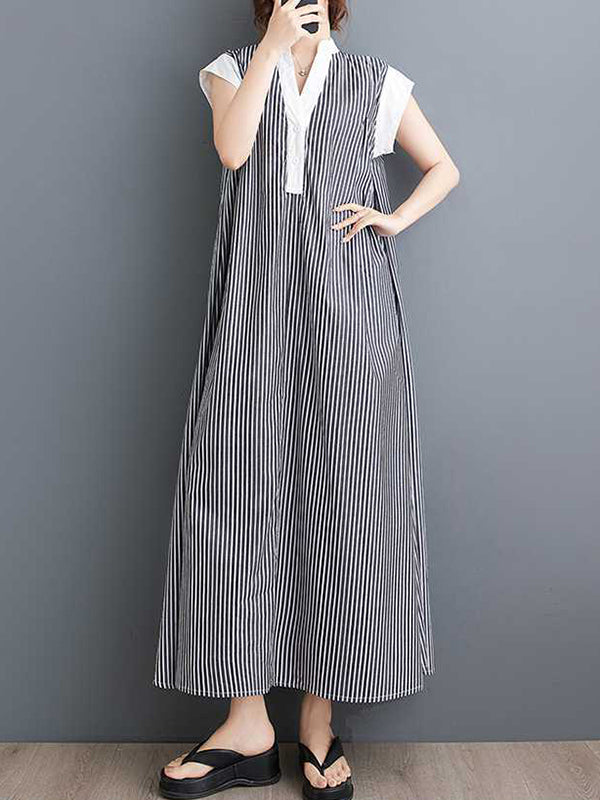 Cap Sleeve Loose Buttoned Striped Lapel Maxi Dresses Shirt Dress