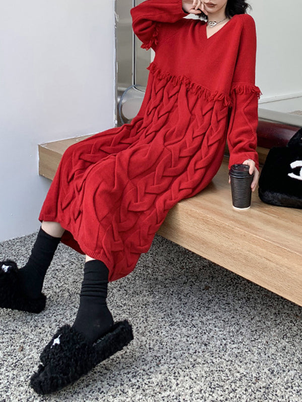Long Sleeves Loose Solid Color Split-Joint Tasseled V-Neck Midi Dresses Sweater Dresses