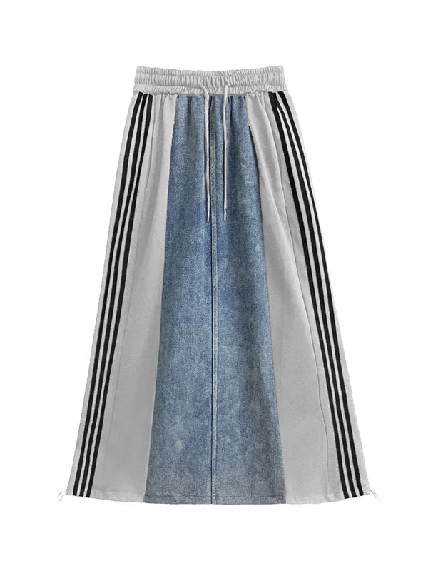 A-Line Loose Contrast Color Drawstring Split-Joint Striped Skirts Bottoms