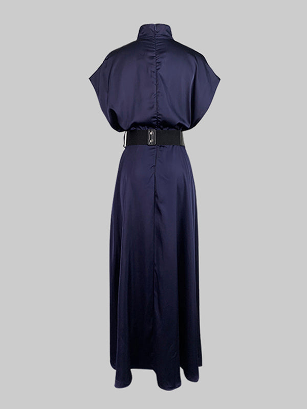 Loose Raglan Sleeve Solid Color Split-Joint Tied Waist High Neck Maxi Dresses