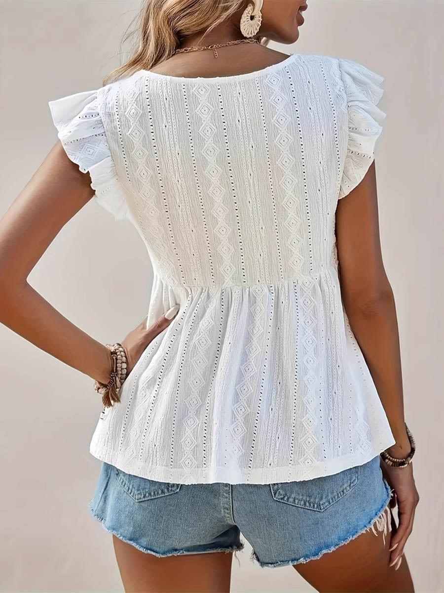 A-Line Loose Hollow Pleated Ruffled Solid Color Split-Joint Textured V-Neck Blouses&Shirts Tops