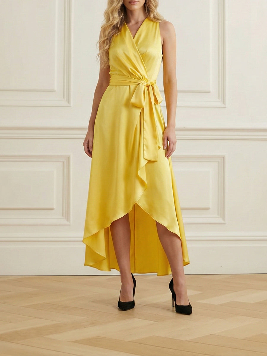 High-Low Loose Ruffle Trim Solid Color Tied Waist V-Neck Maxi Dresses