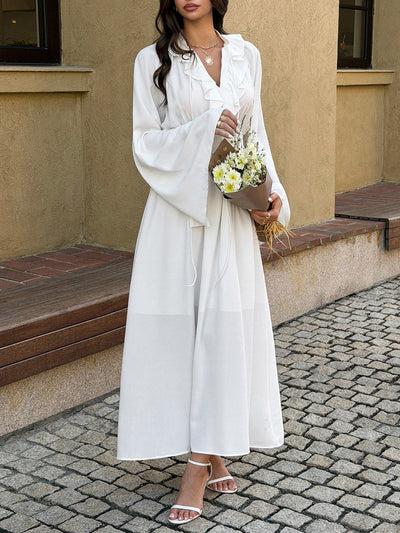 High Waisted Long Sleeves Pleated Ruffled Solid Color V-Neck Maxi Dresses