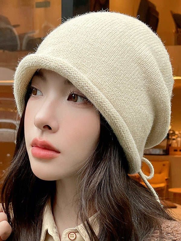 Drawstring Keep Warm Solid Color Tied Knitted Hats
