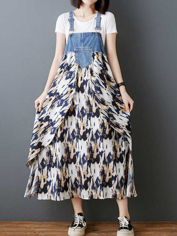 Loose Plus Size Flower Print Pockets Split-Joint Spaghetti-Neck Maxi Dresses Suspender Dress