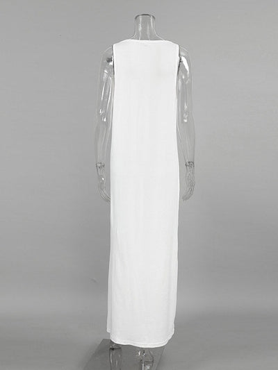 Loose Sleeveless See-Through Solid Color Split-Joint U-Neck Maxi Dresses