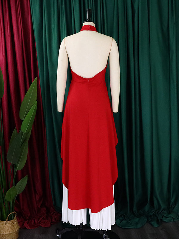 Loose Backless Lacy Solid Color Halter-Neck Vest Top + High-Low Pants Bottom Two Pieces Set