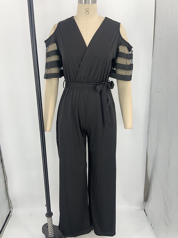 High Waisted Loose Hollow Mesh Solid Color Tied Waist V-Neck Jumpsuits