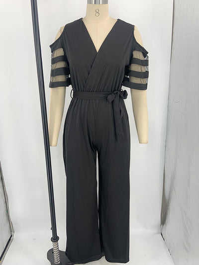 High Waisted Loose Hollow Mesh Solid Color Tied Waist V-Neck Jumpsuits