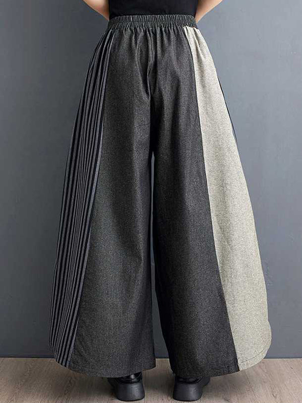 High Waisted Loose Elasticity Pockets Split-Joint Striped Pants Trousers