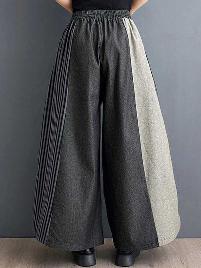 High Waisted Loose Elasticity Pockets Split-Joint Striped Pants Trousers