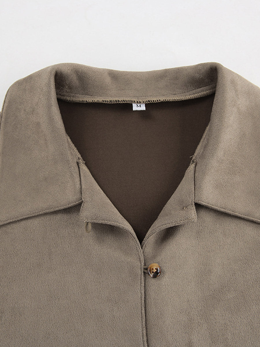 Long Sleeves Loose Buttoned Solid Color Split-Joint Lapel Blouses&Shirts Tops Outerwear