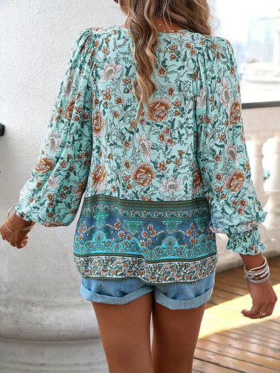 Long Sleeves Loose Contrast Color Drawstring Flower Print Pleated Split-Joint V-Neck Blouses&Shirts Tops