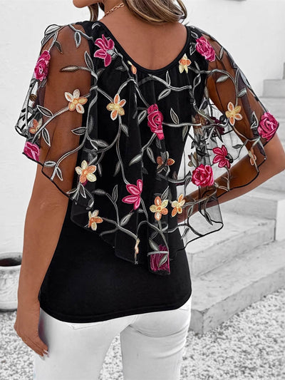 Batwing Sleeves Irregularity Contrast Color Flower Print Layered Split-Joint Round-Neck Blouses&Shirts Tops