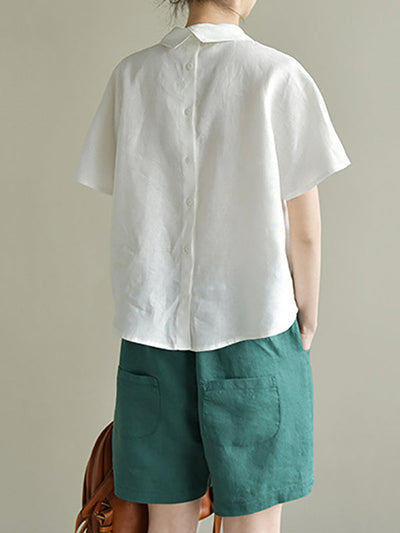 Artistic Retro Short Sleeves Loose Pleated Solid Color Blouses&Shirts Tops