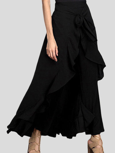 Loose Ruffle Trim Solid Color Split-Joint Tied Waist Zipper Culotte