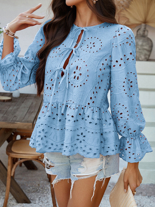 Long Sleeves Loose Elasticity Hollow Pleated Solid Color Tied Round-Neck Blouses&Shirts Tops
