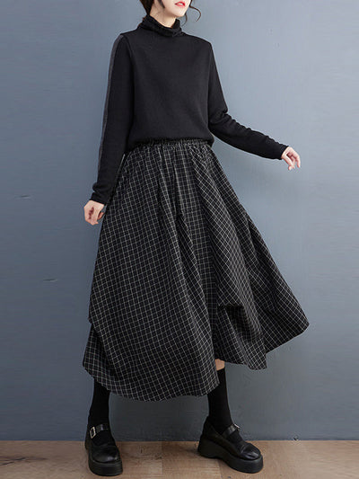 Loose Irregular Clipping Plaid Asymmetric Elasticity Skirts Bottoms