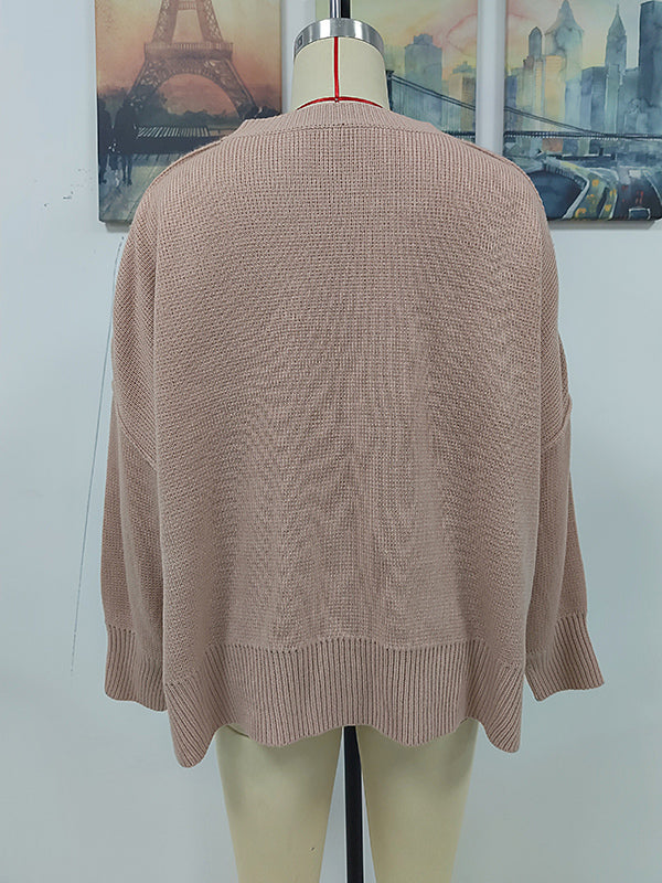 Casual Long Sleeves Loose Split-Side Solid Color Round-Neck Sweater Tops