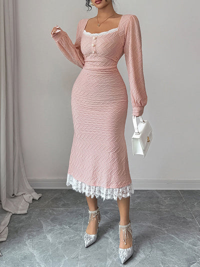 Bodycon High Waisted Lacy Pleated Solid Color Split-Joint Zipper Square-Neck Midi Dresses